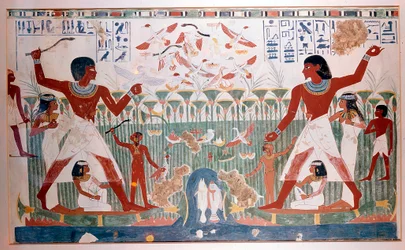 Staří Egypťané loví divoké ptactvo vrhacími holemi