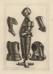 Starověký oblek světlé zbroje pro Johna de Courcy, hraběte z Ulsteru 1, a pauldron, garde-brass, avant-brass nebo vambrace vévody z Monmouthu 2