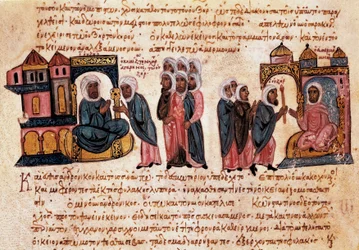 Andronic II Paleologus se svým synem a zajatci (byzantská miniatura)