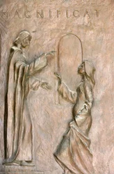 Socha dveří baziliky Zvěstování: Navštívení (Marie a Alžběta), Nazaret, Izrael