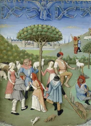 Zvěstování pastýřům: country tanec. Od Heures de Charles dAngoulême, c. 1480.
