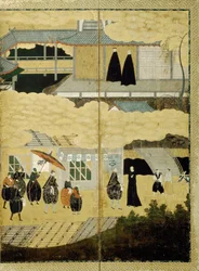 Příjezd portugalské lodi. Obrazovka Nanban. Detail: Japonští křesťané, ca. 1600