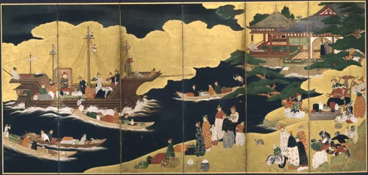 Příjezd portugalské lodi. Obrazovka Nanban, ca. 1600