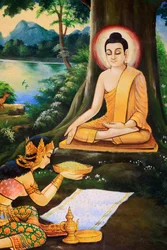 Nandabala nabídla asketickému Buddhovi ráno jeho osvícení misku mléčné rýže. Malba znázorňující životní příběh Buddhy Šákjamuniho. Wat Ong Teu Mahawihan. Chrám Těžkého Buddhy. Vientiane. Laos, 20151028, Vientiane, Laos