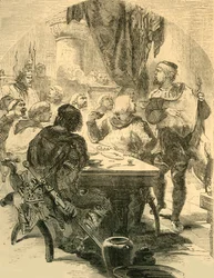 Na banketu pořádaném Haroldem dostává Zprávy o invazi Normanů, c1890.