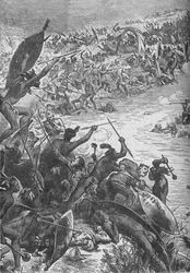 Útok Zuluů na doprovod osmdesátého pluku u řeky Intombe, 1879, c1880