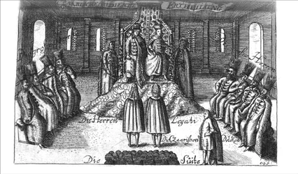 Audience s Ivanem V., Petrem I. a Sophií Aleksejevnou z filmu Georg Adam Schleissing Derer beyden Czaaren v Reussland..., 1693