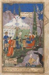 Banketní scéna s Khusrau a Shirin, z Khamsa kvintetu z Nizami 1141-1209, 1540-70.