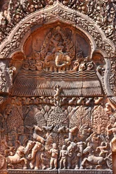 Chrám Banteay Srei v Angkoru v Kambodži. Složitě vyřezávané. Siem Reap Kambodža