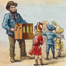 Barbarské varhany. Rytina "Alphabet de ma petite fille". Bernardin-Bechet a Fils, knihkupci-nakladatelé, Paříž, kolem roku 1895. Nerozbitné album na plátně. Bibliotheque des Bebes. 12 stran. Album obsahující metodu čtení a názornou abecedu.