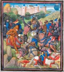 Bitva mezi křižáky pod vedením Balduina II Jeruzalémského a Saracény. Miniatura z Historia od Viléma z Tyru, 60. léta 14. století