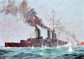 Bitevní křižník HMS Lion vstupuje do akce, bitva o Jutsko 31. května – 1. června 1916