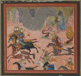 Bazur, kouzelník, vyvolává temnotu a bouři, Folio od Shahnamy..., ca. 1430-40.