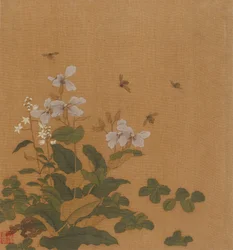 Včely vznášející se nad květinami, dynastie Qing, 18. století.
