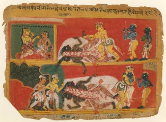 Bhima Slice Jarasandha: Stránky z rukopisu Bhagavata Purana, ca. 1540.