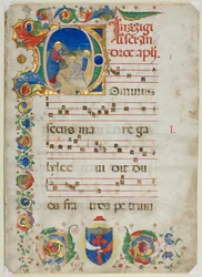 Bifolium vyjmuté z antifonáře: Počáteční D[ominus Iesus], c. 1425-1450.