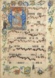 Bifolium s Kristem ve majestátu v iniciále A, z antifonáře, ca. 1405.