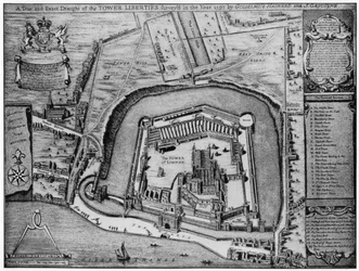 Pohled z ptačí perspektivy na Tower a Liberties, jak se objevily v roce 1597, Londýn, 20. století.