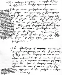 Argumenty biskupa Latimera proti katolické doktríně očistce s okrajovými poznámkami krále Jindřicha VIII., kolem roku 1538 (pero a inkoust na papíře)
