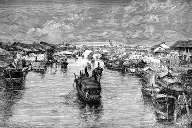 Lodě na čínském Arroyo, poblíž Saigonu, Vietnam, 1895