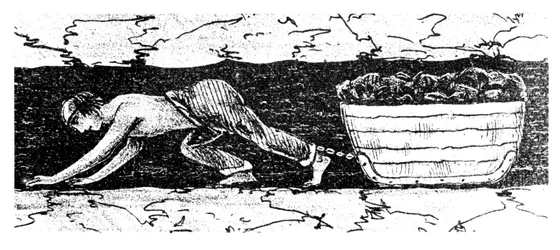 Chlapecký putter táhnoucí saně uhlí po úzké sloji, Jižní Wales, 1848