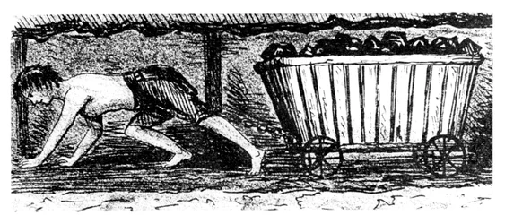 Chlapecký putter kreslí nákladní auto s uhlím podél 24 palců vysoké sloje, Halifax, Yorkshire, 1848