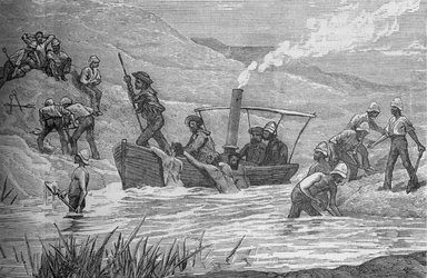 Britští vojáci bourají přehradu postavenou Arabi v Mahutě, c1882.