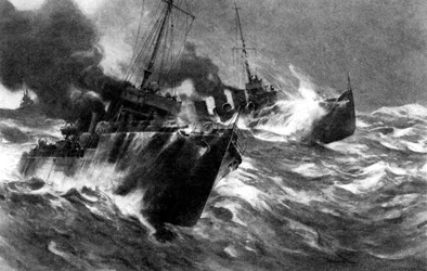 Britské torpédové plavidlo v bouřích na Severním moři, první světová válka, 1914