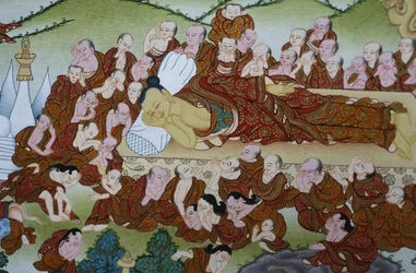 Buddhova smrt a parinirvana. Thangka, Bhaktapur, Nepál