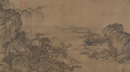 Buddhistické chrámy uprostřed podzimních hor, 14. století.
