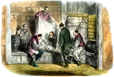 Nákup camletů v obchodě, Jokohama, Japonsko, 1865