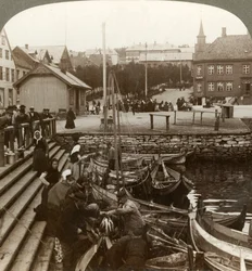 Nákup ryb v rušném arktickém obchodním přístavu, Tromsoe 69° 38 N. Lat., Severní Norsko, 1902.