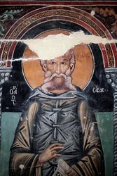 Byzantská freska z 15. století (detail) Saint Sabas Nástěnná malba Michael Archanděl kaple, vesnice Galata Kypr Malované kostely UNESCO Troodos, Kypr