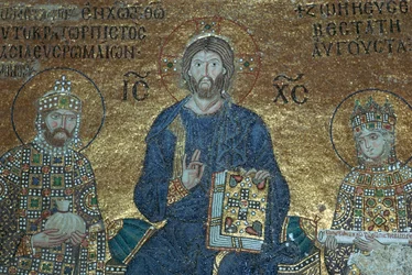 Byzantská mozaika zobrazující Krista trůnícího mezi pozemskými vládci, 12. století