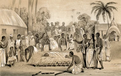 Obřad upálení hinduistické vdovy s tělem jejího zesnulého manžela, 1847