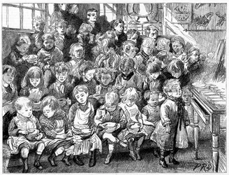 Děti čekající na polévku v době večeře, London Board School, Denmark Terrace, Islington, 1889