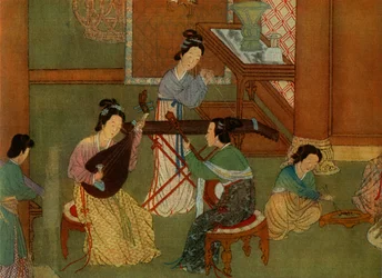 Čínská loutna pi-pa, měsíční kytara yue-chin a stolní citera tchin, detail malby na hedvábí
