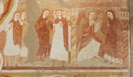 Kostel (Église Saint-Martin). Interiér. Nástěnné malby (fresky). Západní stěna lodi. Detail. Obvinění a zvěstování Panny Marie. 12. století.