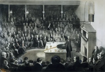 Konference lékaře Michaela Faradaye (1791-1867) devant la Royal Institution de Londres dne 27. prosince 1855 za přítomnosti prince Alberta de Saxe Cobourg Gotha (Saxe-Cobourg-Gotha