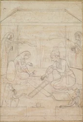 Pár hraje Chaupar na terase, c. 1790-1800.