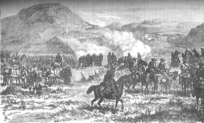 Krytí ústupu padesátého osmého pluku po bitvě u Laings Nek, c1880
