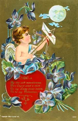 Cupid vystřelující šíp nesoucí milostný dopis, americká valentýnská karta, 1908
