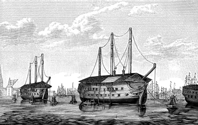 Dánské vězeňské lodě Dronning Maria a Waldemar, Kodaň, 1848-1849.