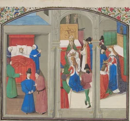 Smrt Balduina IV. Korunovace Guye z Lusignanu. Miniatura z Historie Viléma z Tyru, 1460. léta