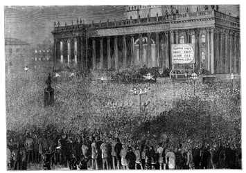 Vyhlášení výsledku průzkumu během všeobecných voleb, Leeds, West Yorkshire, 1880