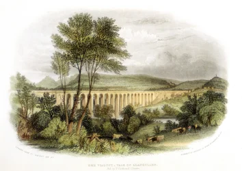Dee Viaduct, Vale of Llangollen, na železnici Shrewsbury, Wales a Chester c1848
