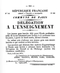 Delegace a LEnseignement, z francouzských politických plakátů Pařížské komuny, květen 1871