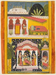Desavarari Ragini, ze série Ragamala: Dáma a dva zřízenci v altánku uprostřed, c169