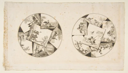 Návrhy talířů převzaté z ilustrací Audrys do La Fontainových bajek, po roce 1755.
