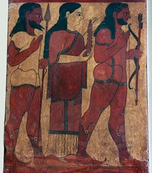 Detail etruské hrobové malby zobrazující Ceres s průvodci, 6. století před naším letopočtem